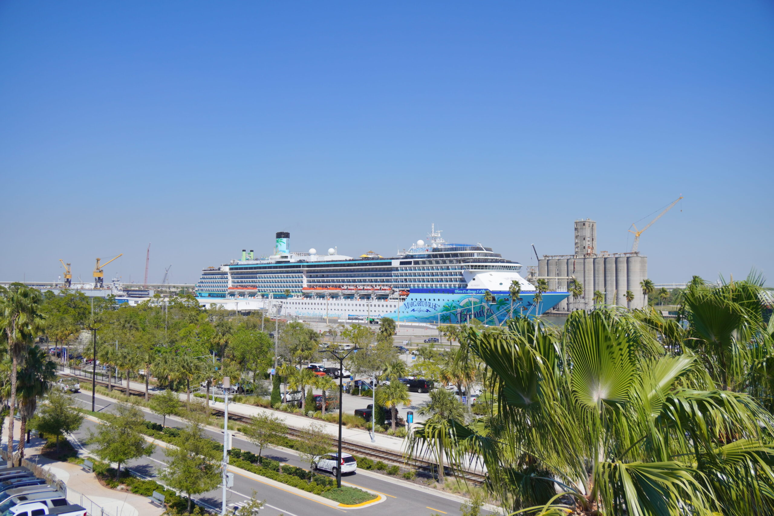 Large cruise ship docked at Port of Tampa with palm trees in the foreground